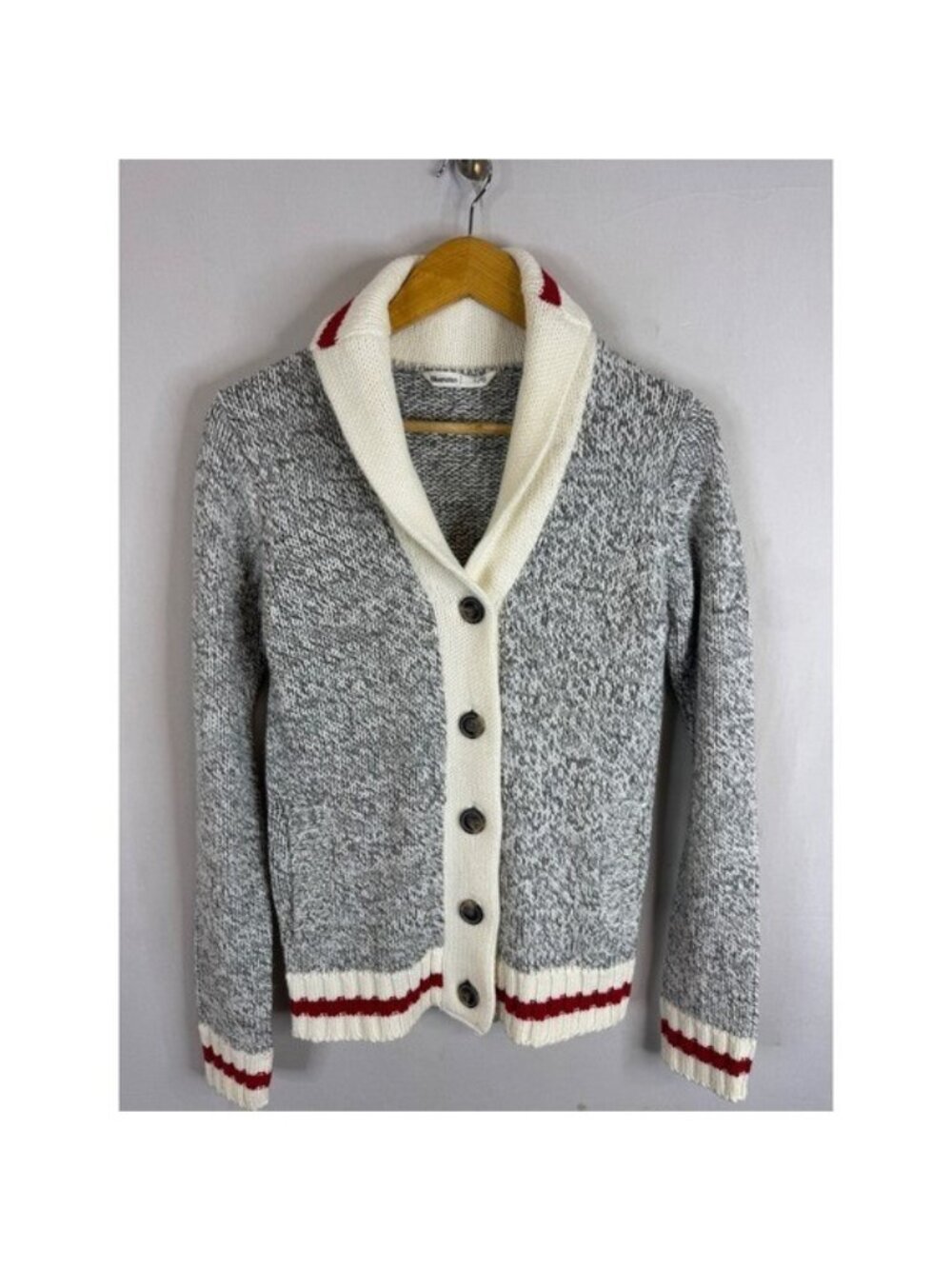 Bluenotes Gray Marled Shawl Collar Cabin Cowichan Striped Cardigan Sweater L